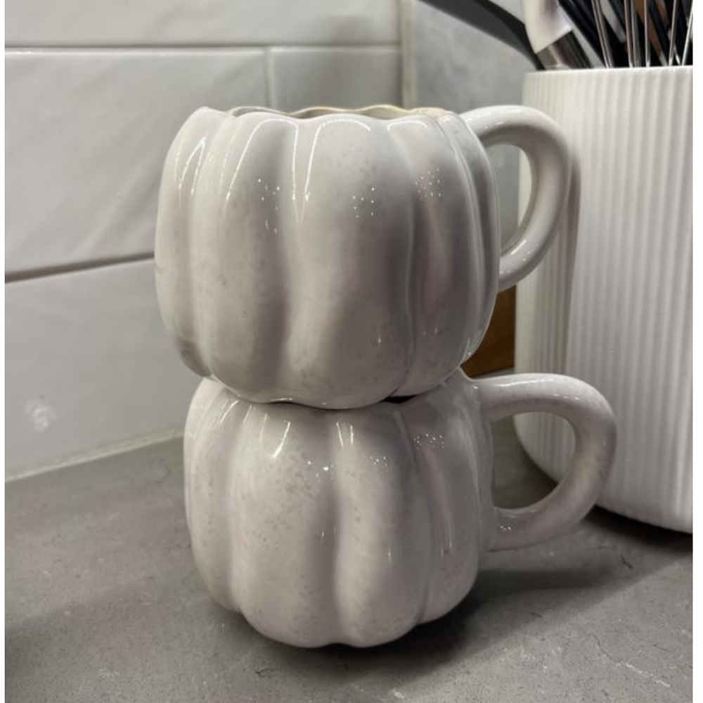 Anthropologie Cindy Stoneware White Pumpkin Mugs x2
